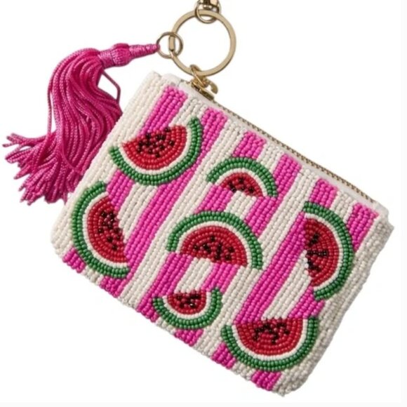 Anthropologie NWT Fiona Hand Beaded Watermelon Slices Clutch w/ Hot Pink Tassel - Picture 1 of 6